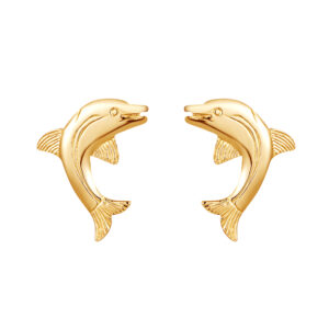 gold dolphin gift box studs in 9ct yellow gold, front view on white background