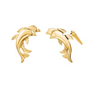 gold double dolphin stud earrings side profile showing Andralok hinge