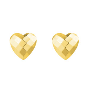 gold faceted heart stud earrings in 9ct yellow gold front view