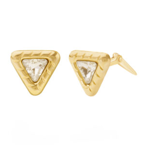gold triangle white crystal studs in 9ct yellow gold, front view on white background