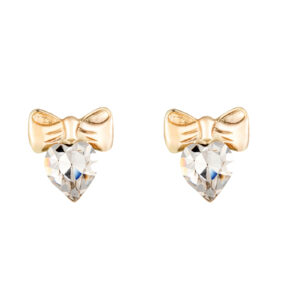 gold heart crystal ribbon studs in 9ct yellow gold, front view on white background