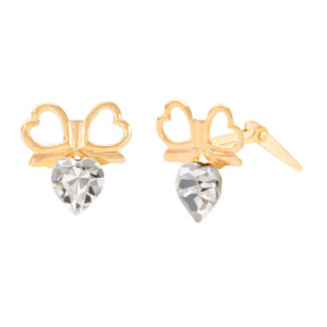crystal open heart bow stud earrings with front and angled product view on a white background