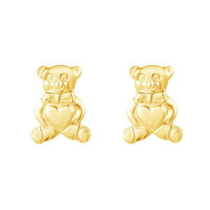 gold teddy bear gift box studs in 9ct yellow gold, front view on white background