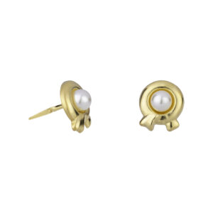 9ct yellow gold pearl scarf stud earrings shown side angled and front on as a matching pair on a white background