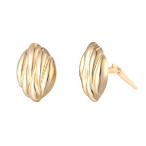 9ct yellow gold ribbed oval stud earring shown front and side view on a white background