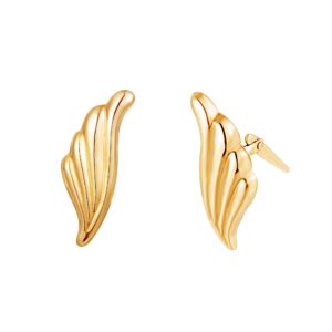 Gold feather stud earrings side profile showing contour detail