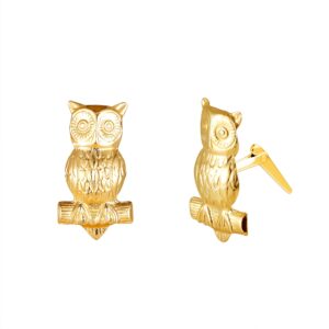 Gold owl stud earrings side view showing Andralok hinge