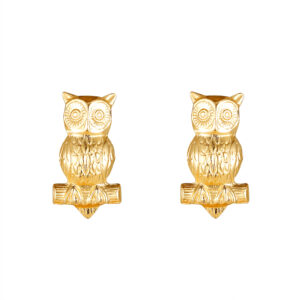 Gold owl stud earrings in 9ct yellow gold front view