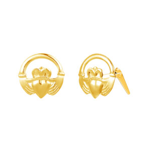 gold claddagh stud earrings in 9ct Yellow Gold with one front view and one side view