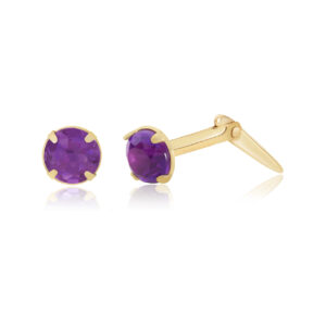 9ct yellow gold 3mm amethyst round gemstone stud earring side view showing Andralok fitting