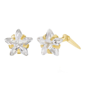 white cubic zirconia star stud earrings in 9ct yellow gold shown with one front view and one side view on a white background