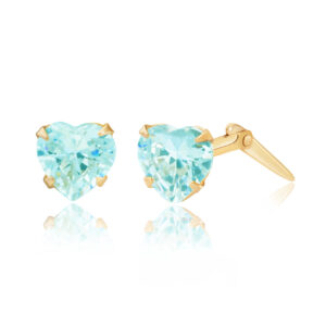 9ct yellow gold light blue 5mm heart cubic zirconia stud earrings side view showing Andralok fitting