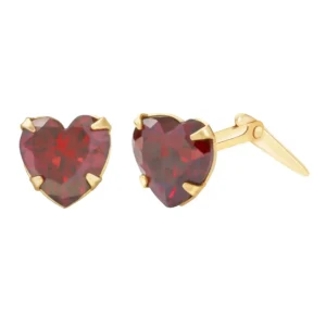 gold dark red cz heart studs shown side-on with Andralok hinge fitting detail