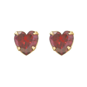 gold dark red cz heart studs in 9ct yellow gold, front view on white background