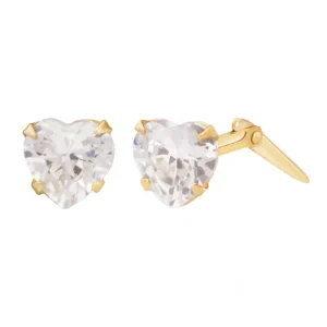 gold white cz heart studs shown side-on with Andralok hinge fitting detail