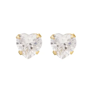 gold white cz heart studs in 9ct yellow gold, front view on white background