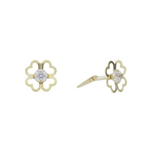9ct Yellow Gold cubic zirconia open clover stud earrings shown with one front view and one side view on a white background