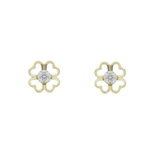 9ct Yellow Gold cubic zirconia open clover stud earrings shown front on as a matching pair on a white background