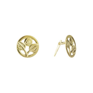 9ct Yellow Gold open rose disc stud earrings shown with one front view and one side view on a white background
