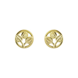 9ct Yellow Gold open rose disc stud earrings shown front on as a matching pair on a white background