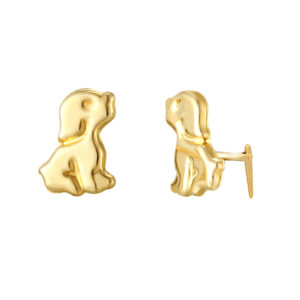 gold sitting puppy earrings shown from the side with Andralok fitting detail