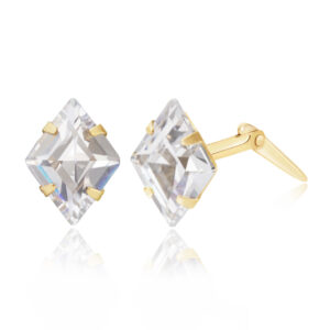 Side profile of gold lozenge cz stud earrings with Andralok hinge