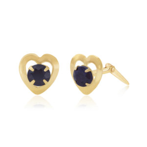 9ct yellow gold heart stud earring with 3.5mm sapphire side angle showing Andralok hinge