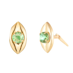 Side profile of gold peridot marquise stud earrings with Andralok hinge