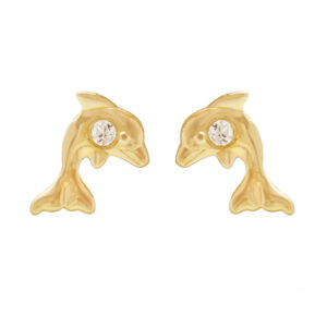 gold dolphin crystal gift studs in 9ct yellow gold, front view on white background