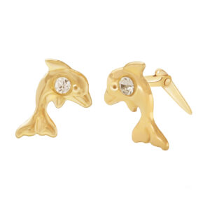 gold dolphin crystal gift studs shown side-on with Andralok hinge fitting detail