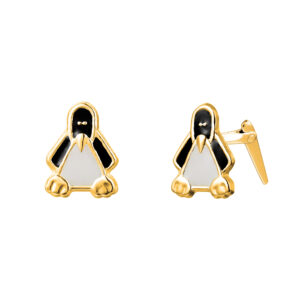 9ct yellow gold enamel penguin stud earrings side view showing Andralok hinge