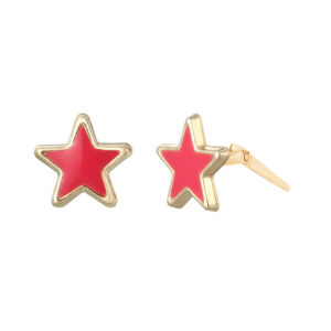 Side profile of hot pink enamel star stud earrings with Andralok hinge