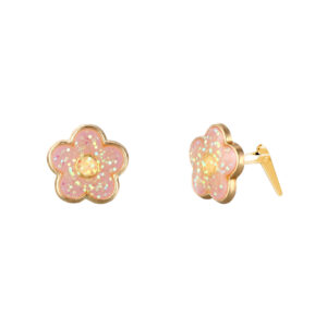 9ct yellow gold pink glitter flower stud earrings side view with Andralok hinge