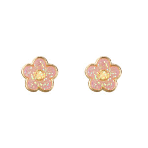 9ct yellow gold pink glitter flower stud earrings front view