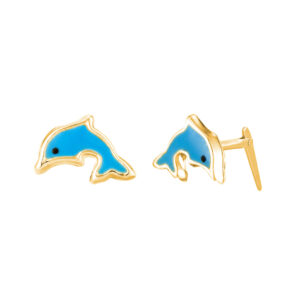 Side profile of blue enamel dolphin earrings with Andralok hinge
