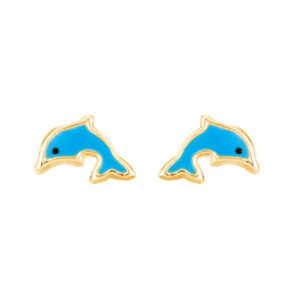 9ct yellow gold blue enamel dolphin stud earrings front view