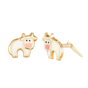 Side profile showing Andralok precision hinge on 9ct yellow gold enamel cow stud earring