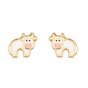 9ct yellow gold enamel cow stud earrings — front view of both earrings on white background