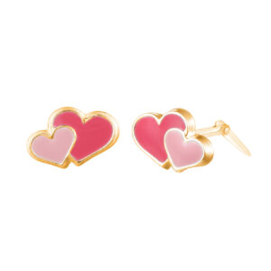 Gold enamel double heart stud earrings side view with Andralok hinge