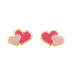 9ct yellow gold red and pink enamel double heart stud earrings front view