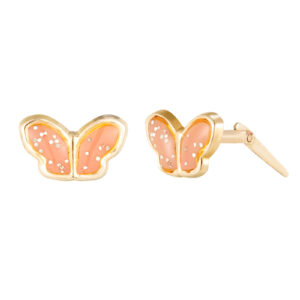 Side profile of pink enamel butterfly earrings with Andralok hinge