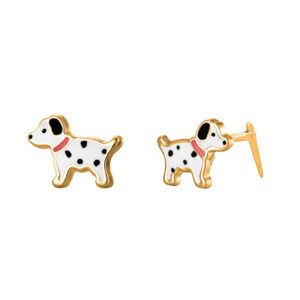Gold Dalmatian dog stud earrings side view with Andralok hinge