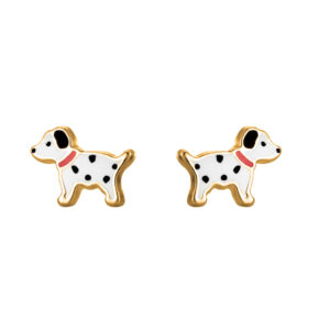 9ct Yellow Gold enamel Dalmatian dog stud earrings front view