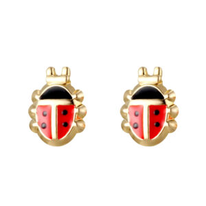 gold ladybird stud earrings with red enamel front view