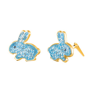 blue enamel rabbit stud earrings in yellow gold shown with one front view and one side view