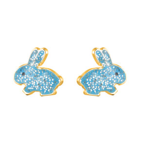 9ct yellow gold blue glitter rabbit stud earrings shown front on as a matching pair on a white background