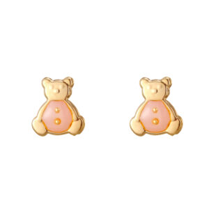 gold peach enamel teddy studs in 9ct yellow gold, front view on white background