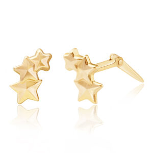 gold triple star stud earrings in 9ct Yellow Gold shown in angled side view with Andralok hinge