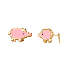 gold pig stud earrings in 9ct Yellow Gold with one front view and one side view