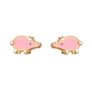 gold pig stud earrings in 9ct Yellow Gold with pink enamel, shown as a matching pair on white background
